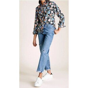 M&S Pure Linen Navy Blue Pink Red Floral Shirt Top Size Uk 10